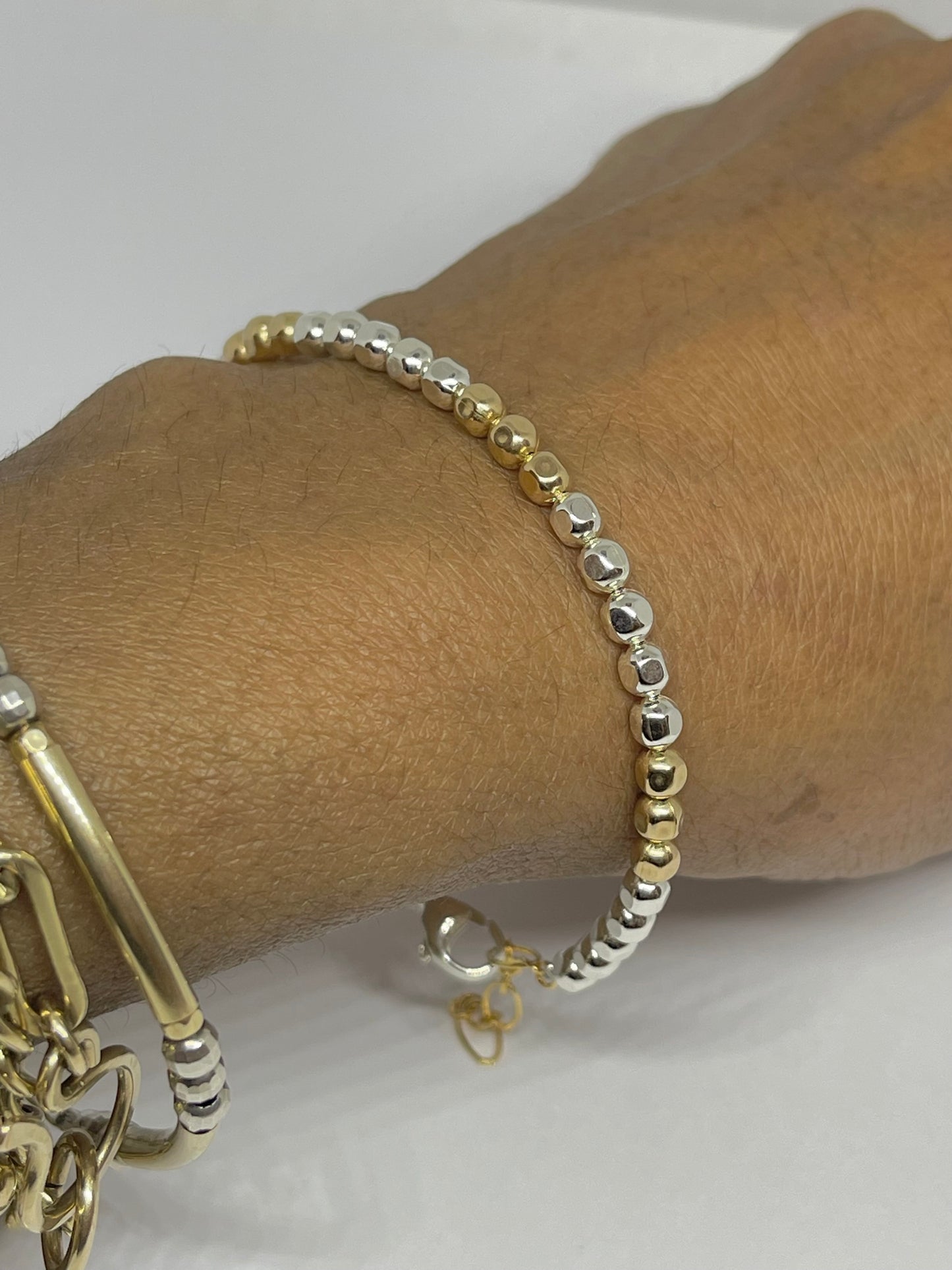 4mm square bead 14 k gold filled and sterling bracelet